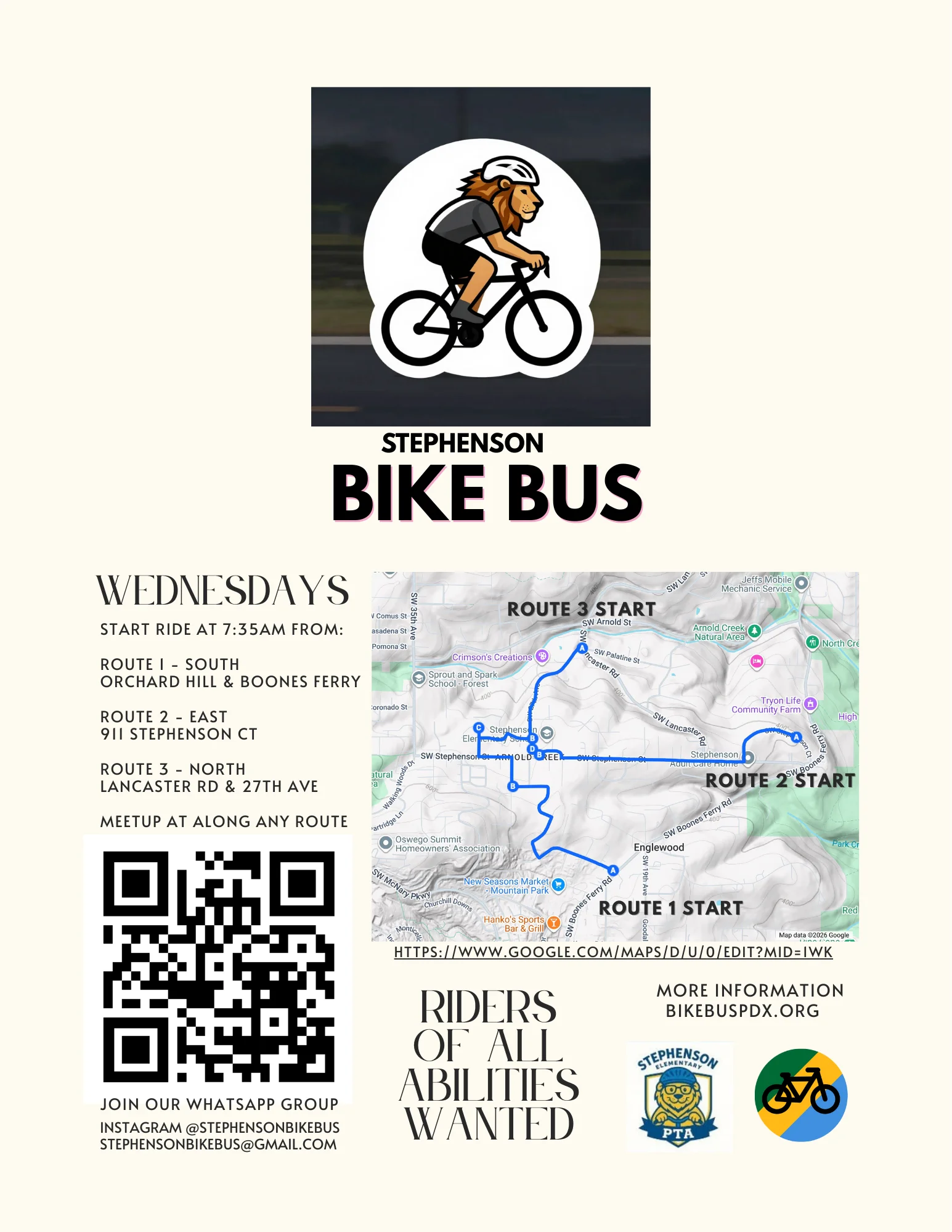 Stephenson Bike Bus Route Map